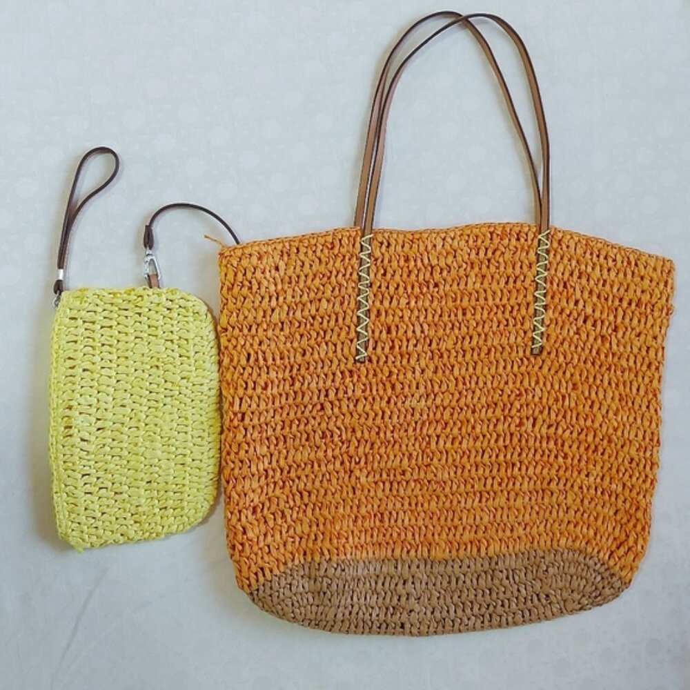 Loft Woven Boho Beach Paper Straw Tote Bag With Pouch Natural Unlined Shoulder